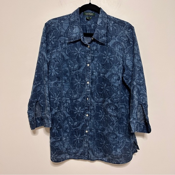 Lauren Ralph Lauren Women's 1X Blue Floral Button-Up Shirt 3/4 sleeve 100%Linen - Picture 2 of 11